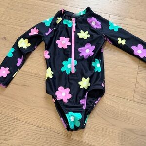 Old Navy Black Long-Sleeve Floral One-Piece Swimsuit